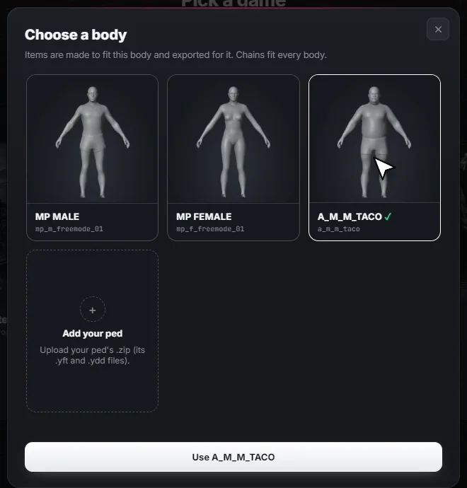 Body picker with MP male, MP female and a custom ped