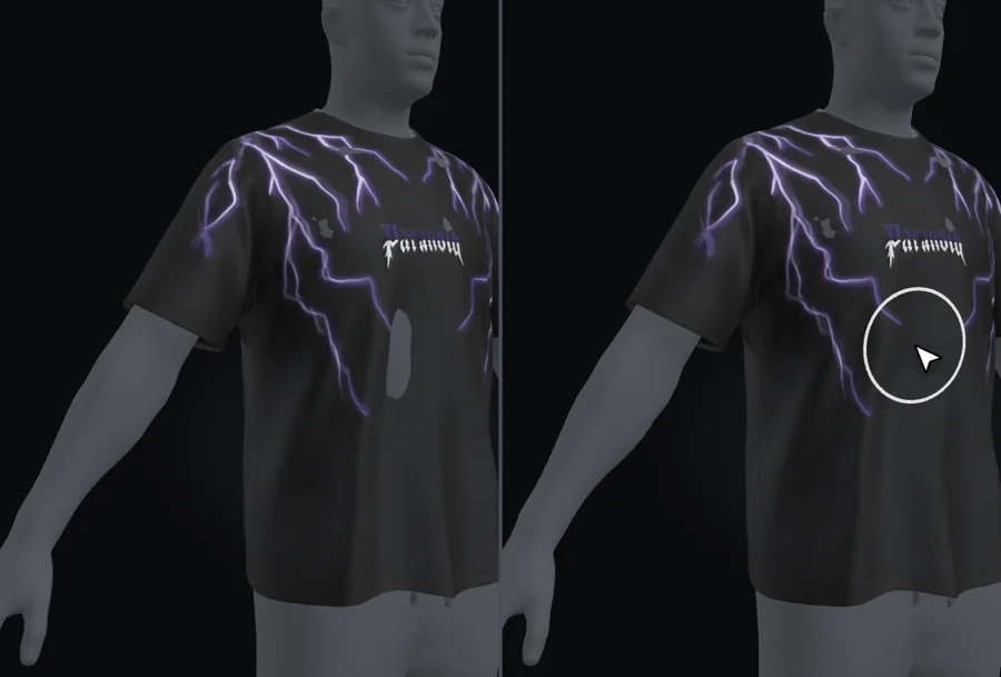 Before: the body pokes through the T-shirt's chest. After: one brush stroke pushes the cloth back out