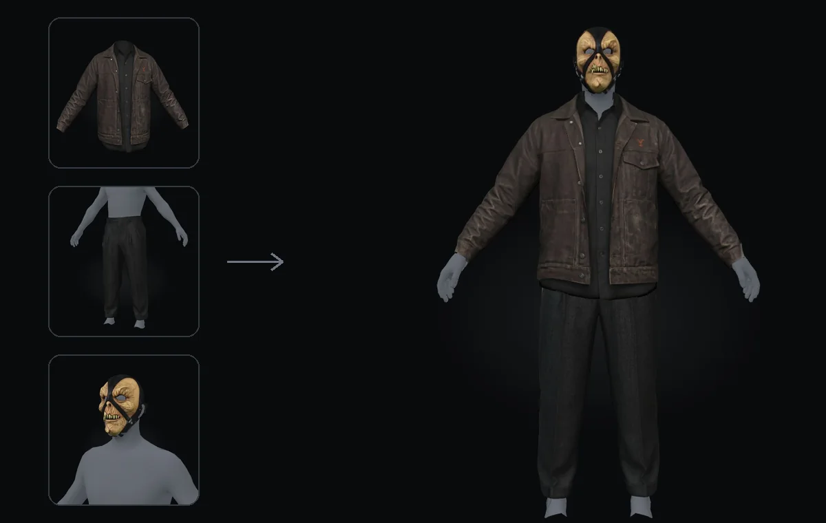 A leather jacket, suit trousers and a mask put together into one outfit on the ped