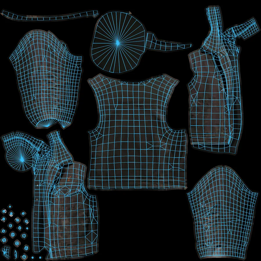 UV layout of the leather jacket, unwrapped into flat pieces along its seams