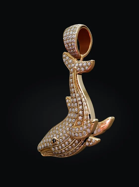 3D iced gold whale pendant