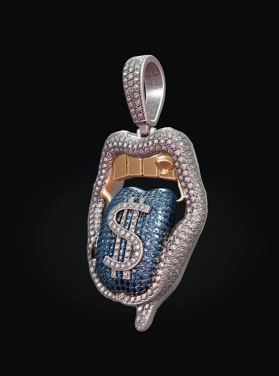 3D iced lips pendant with a blue dollar tongue